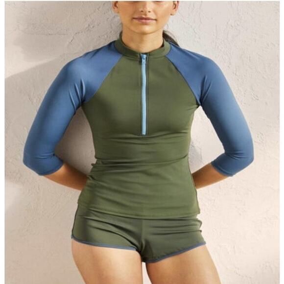 Boden Rash Guard Swim Set Womens 4 Green Blue Quarter Zip Shorts Vacation Modest - Picture 1 of 16